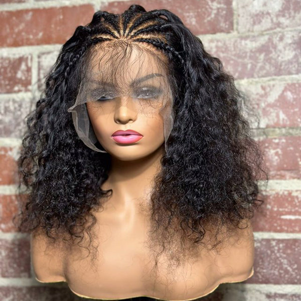 Tedhair 16 Inches 13x6 Seven Braids with Half Curls Lace Frontal Wigs 200% Density-100% Human Hair