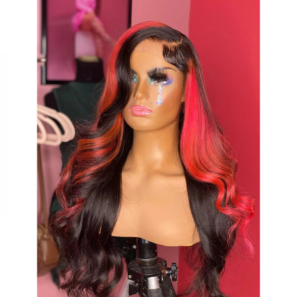 Tedhair 22 Inches 5x5 1B/Red# Body Wavy Lace Closure Wig-200 Density