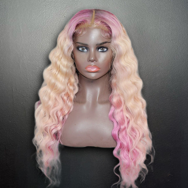 Tedhair 24 Inches 13x4 #613 & Pink Highlight Deep Wave Lace Front Wig-200% Density