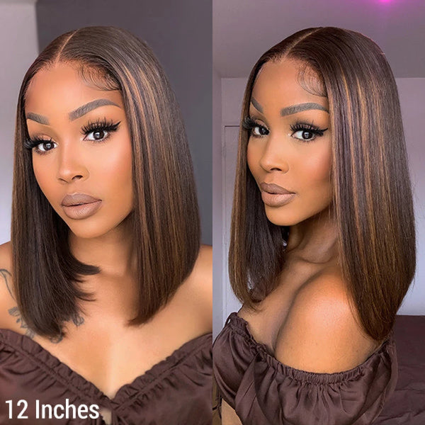 Tedhair 12 Inches 4x4 Chestnut Brown Highlights Straight Bob Lace Closure Wigs-180% Density