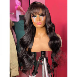 Tedhair 28 Inches 5x5 Natural Black Body Wavy With Bangs Lace Closure Wig-200% Density