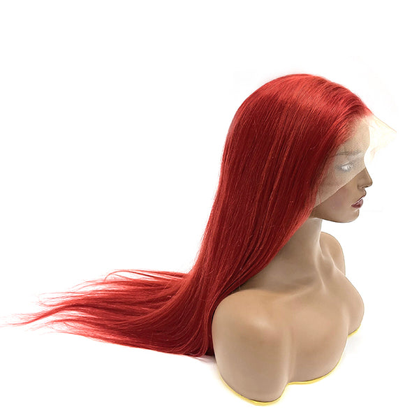 24 Inch Red 13"x4" Lace Front Straight Wig Pre-Plucked Human Hair Free Part 150% Density