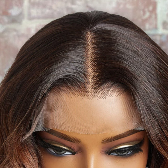Tedhair 12 Inches Elegant Brown Ombre Loose Wave T-Part HD Lace Glueless Short Wig 150% Density-100% Human Hair