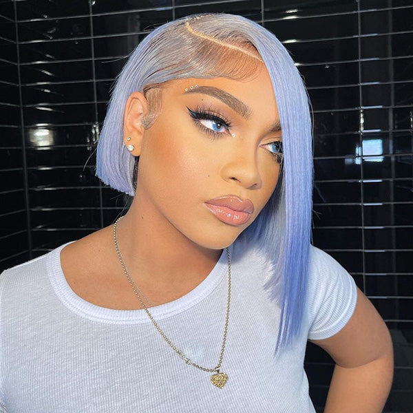 Tedhair 12 Inches 13x4 Blue Side Part Straight Bob Lace Front Wig-180% Density