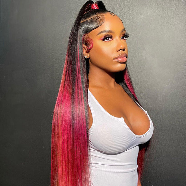 Tedhair 26 Inches 13x4 Pink Long Straight with Up-do Ponytail Lace Front Wig-200% Density