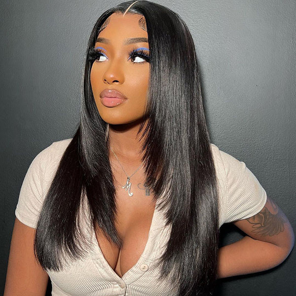 Tedhair 22/24/26 Inches 13x4 Black Long Straight Layered Style Lace Front Wig-180% Density