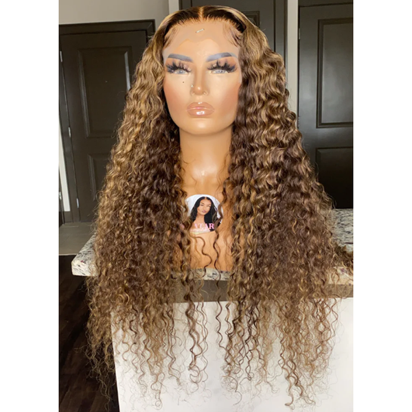 Tedhair 20/24 Inches 13x4 Brown & Blonde Highlight Deep Curly Lace Front Wig-200% Density