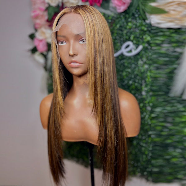 Tedhair 22 Inches 13x4 Highlight Brown Long Straight Layered Lace Front Wig-200% Density