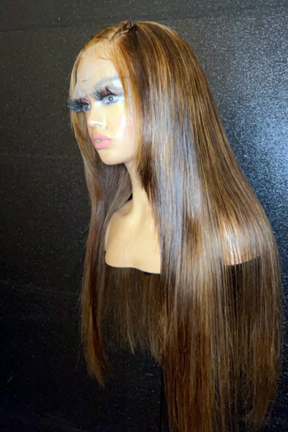 Tedhair 22 Inches 13x4 Natural Highlight Brown Layered Straight Lace Front Wig-180% Density