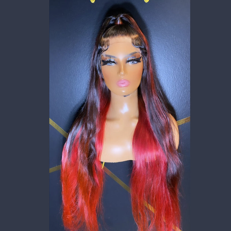 Tedhair 28 Inches 5x5 Ombre Pink Long Straight Lace Closure Wig-200% Density