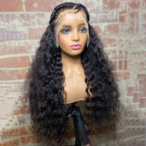 Tedhair 28 Inches 13x4 Half Braids Water Wave Lace Frontal Wigs 200% Density-100% Human Hair