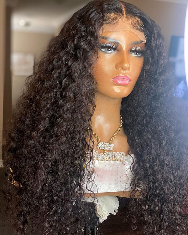 Tedhair 24/26/28 Inches 13x4 Natural Black Water Wave Lace Front Wig-200% Density